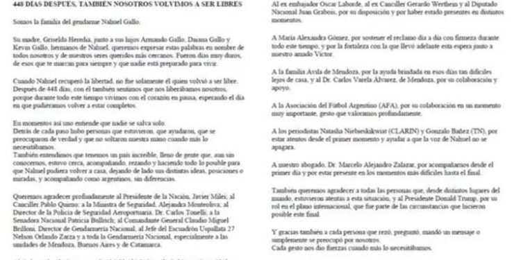 La familia de Nahuel Gallo agradeció el apoyo tras su liberación: “448 días después, también volvimos a ser libres”