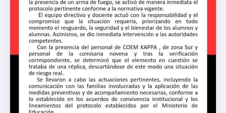 Un alumno de 14 años llevó un arma a una escuela del sur de la Capital